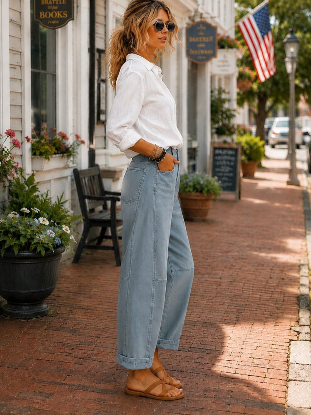 NWT Zenana Barrel Leg Stretch Denim Jeans Ash Blue High Rise Cuffed Wide Leg - Picture 2 of 8